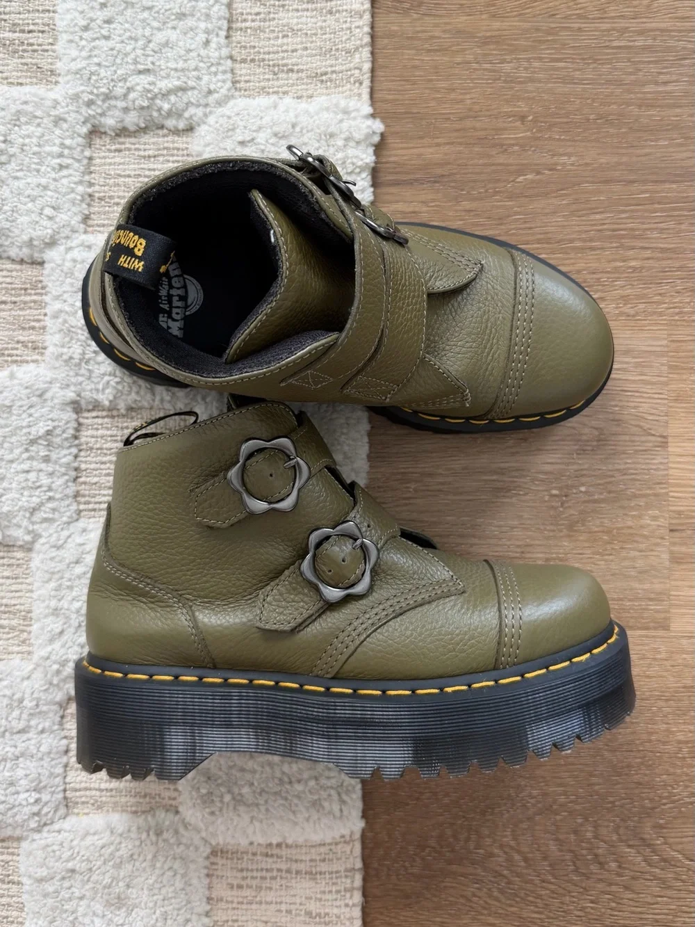 Doc Martens Devon Flower Buckle Leather Platform Boots in Green